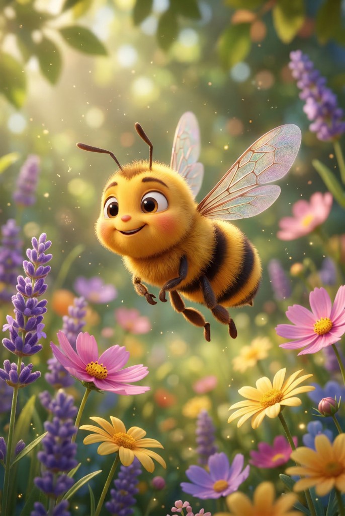Virtual bee flying through flowers